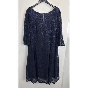 Ignite Evenings Women's 24W Sequine Lace Overlay Dress Lined 3/4 Sleeve Navy